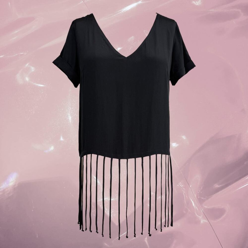 Y2K whimsy goth Amanda Uprichard black silk fringe top